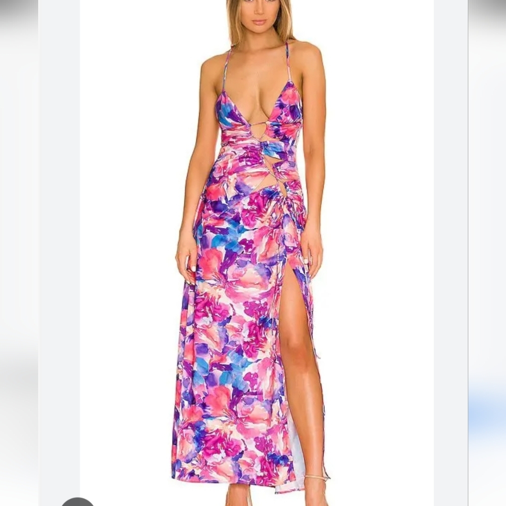 For Love And Lemons Pink Purple Floral Cutout Backless Maxi Dress